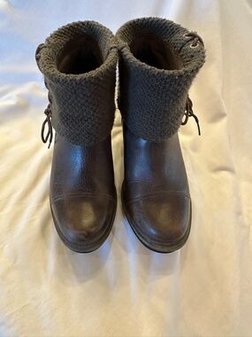 Timberland Women's Brown Leather Wedge Ankle Boots Knit Cuff Size 7
